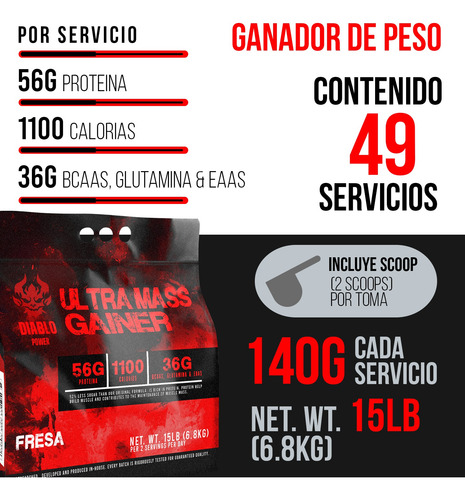 Suplemento Polvo Ultra Mass Gainer Diablo Power 6.8 Kg Fresa