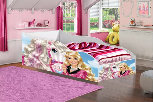 Cama Infantil Mini Branca Menina Adesivada Barbie Pink - JLB