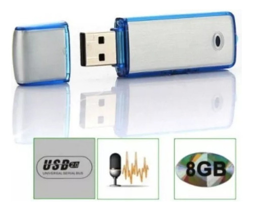 Grabadora De Voz Usb 8 Gb 100 Horas Espia Reportero 2 En 1 Color plata con azul