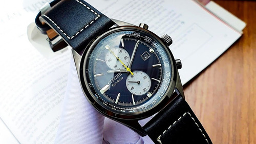 Citizen Chandler Black Leather Chrono Ca7027-08e Color de la correa Negro Color del bisel Plata Color del fondo Negro