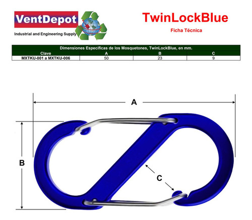 Mosquetón, Mxtku-001, 1pza, 10kg, Forma S, Bloqueo Automátic Color Azul