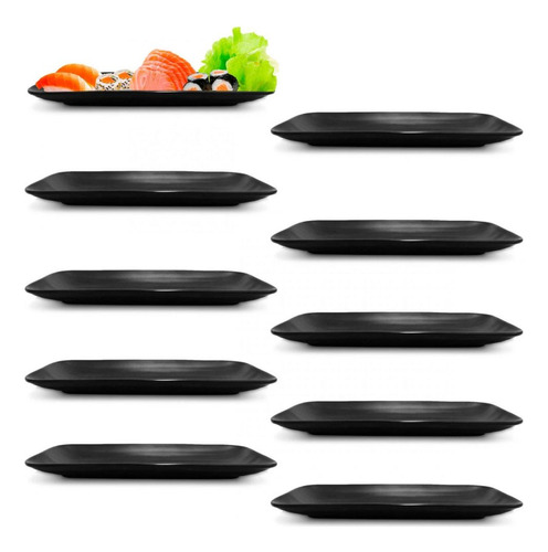 Kit 10 Pratos Travessa 27 Cm Em Melamina Preto Para Sushi