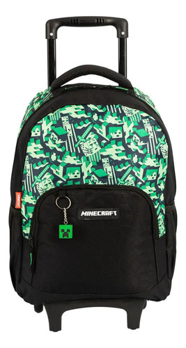 Mochila C/ Rodas Estojo E Lancheira Minecraft Cor Verde