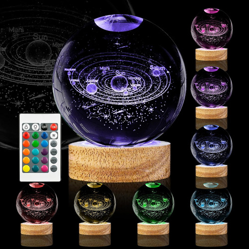Lámpara De Bola De Cristal Sistema Solar 3d 8cm, Base Madera