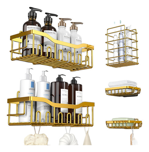Kit De 5 Organizadores De Ducha Adhesivos Para Baño Y Cocina Color Dorado