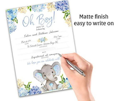 Invitaciones Baby Shower Elefante Azul Pack 25 Niño, Oh Baby