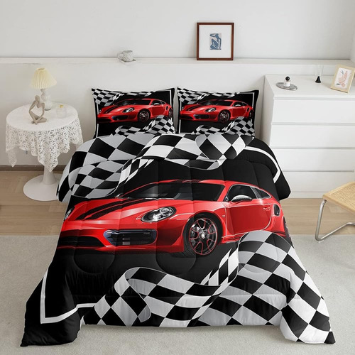 Red Race Car Comforter Set Twin Size, Black White Lattice Be