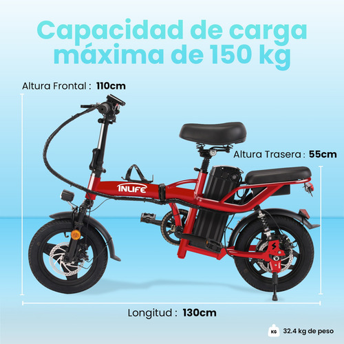 INLIFE C5 Bicicleta Eléctrica Plegable Con Dos Asientos & Batería Removible para Adultos, Potencia Máxima del Motor 800W, Velocidad Máxima 32KM/H, Autonomía 30-40KM, Batería 10AH, Color Rojo