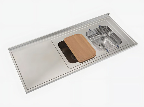 Mesada Cocina Johnson Acero 140x61 Cm Bacha Doble + Secaplatos + Tabla Madera