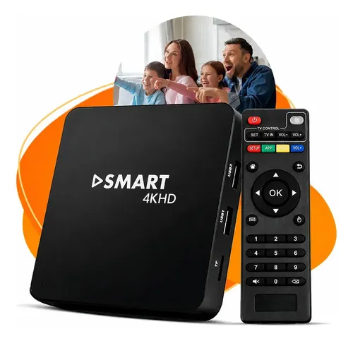 TV box preta compacta com controle remoto