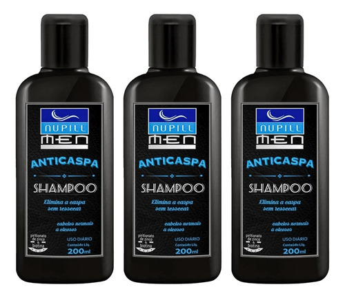 3 Shampoos Anticaspa Anticoceira Masculino 200ml Nupill Men