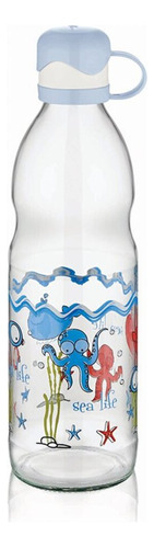 Garrafa De Água 750ml Vidro Cor Azul C/ Estampa Decorativa
