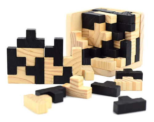 Quebra Cabeças - Tetris Cubo 100% De Madeira 55 Peças