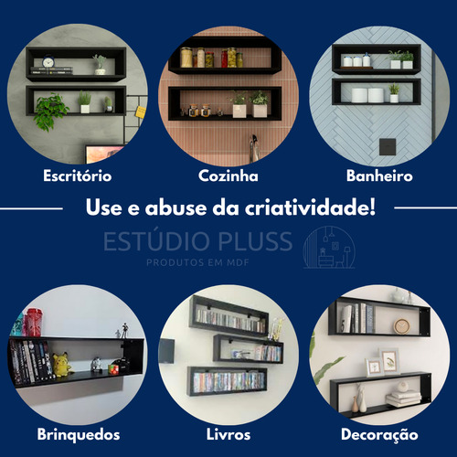 Kit 8 Nichos Retangulares 60x25x15 Mdf Decoração Sala Preto Preto