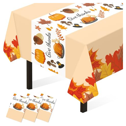 Thanksgiving Tablecloth, 3 Pack Disposable Plastic Tabl...