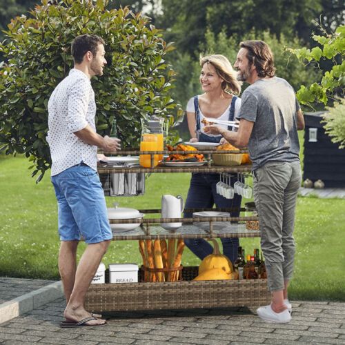 Portable Wicker Outdoor Bar Cart With Ice Bucket Kitchen Eem