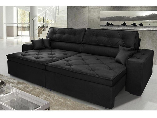 Sofá Austin 2,22m Retrátil, Reclinável com Molas no Assento e Almofadas, Suede Preto Cama inBox