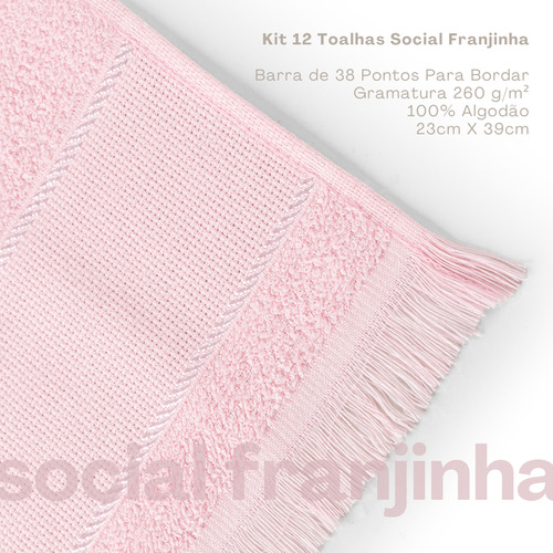 Kit Toalhas De Lavabo Social 100% Algodão Franja 23x39cm Rosa Bebê - 24 Unidades