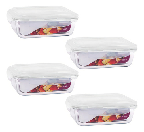 Kit 4 Marmita De Vidro 1040 Ml C/ Tampa Hermética Retangular Cor Transparente