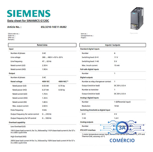 Inversor Frequência Siemens 6sl3210-1ke11-8ub2 0,75cv 1,7a