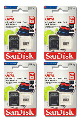 4 Micro Sdxc Sandisk Ultra 64 Gb 100 Mb/s Full Hd Video 4pç