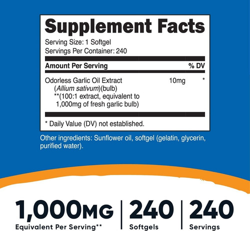 Nutricost Garlic 1000mg 240 cápsulas gelatinosas com sabor de alho sem sabor
