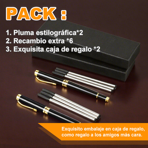 2pz Pluma De Acero Alta Calidad Con Recambio Y Caja Regalo