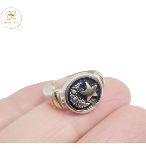 Imagen 3 de 6 de Anillo Plata Y Oro Luna Y Estrella