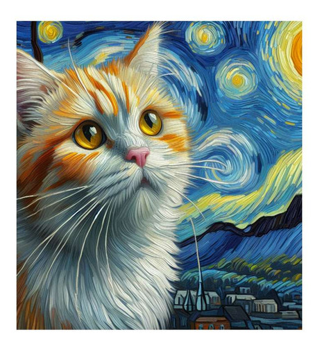 Vinilo 100x100cm Gato Naranja Van Gogh Starry Night Arte