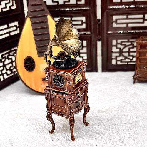 Mini Fonógrafo Gramófono En Miniatura Con Mueble,
