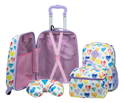 Set Viaje Infantil Maleta Mochila Lonchera Almohada Diseño Corazones Color Blanco
