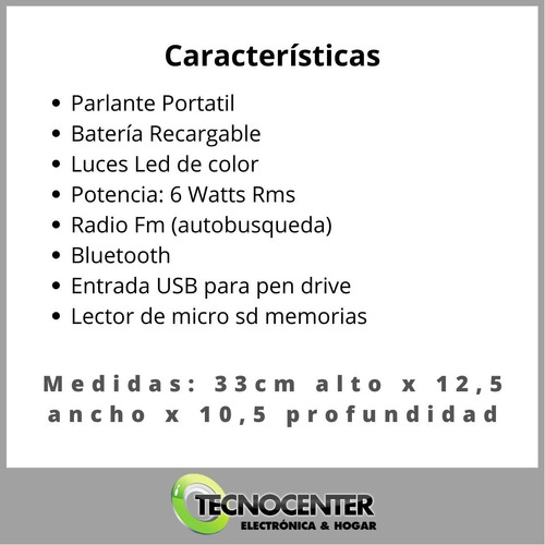 Parlante Bluetooth Bateria Luces Led Usb Sd Aux 5w Potencia