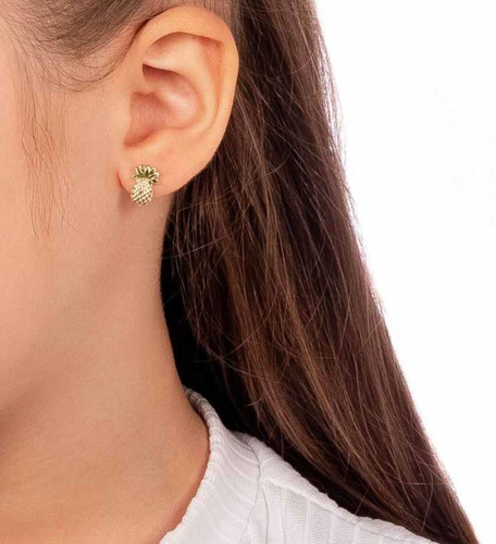 Colar Infantil Abacaxi C/brinco Semijoia Banhado Ouro 18k Cor Dourado