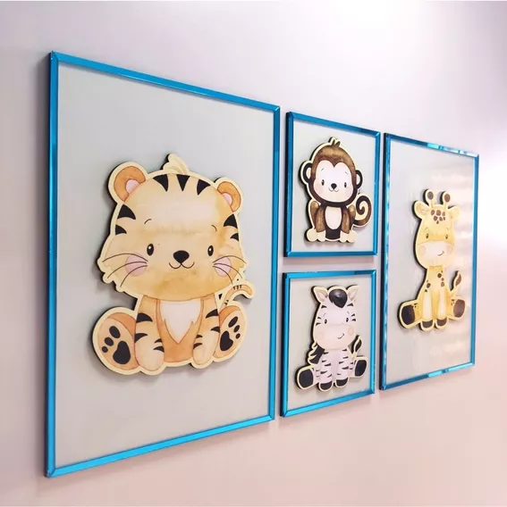 Kit Quadro Decorativo Infantil Safari Baby Animaizinhos 3d