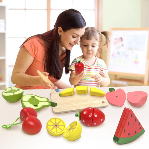 Juego Cocina Niños Madera, Frutas Corte Simulación, Cesta Al