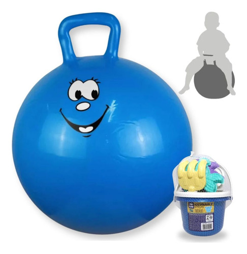 Bola Pula Pula 60 Cm Azul Alça + Baldinho De Praia Colorido