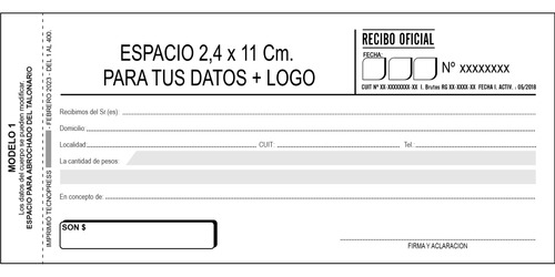5 Talonarios De Recibo Oficial De 9,5x21 Cm. Personalizado