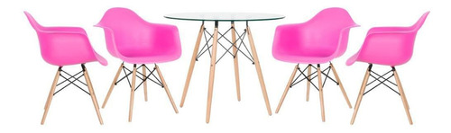 Kit Mesa Eames Wood 90 Cm Tampo Vidro  4 Cadeiras Daw Cor Da Tampa Rosa Pink