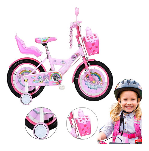 Bicicleta Infantil Niñas R-16 Portamuñecas Ruedas Auxiliares Color Rosa Tamaño del cuadro 16