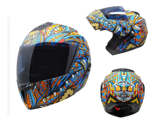 Casco Para Moto Abatible Kov Stealth Alebrije Azul Dot 