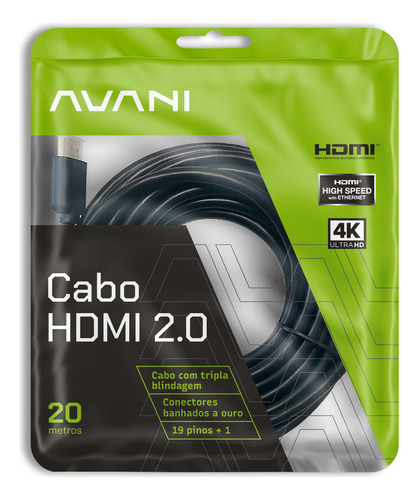 Cabo Hdmi 20m Blindado 2.0 Ethernet 20 Metros 4k 3d 2160p