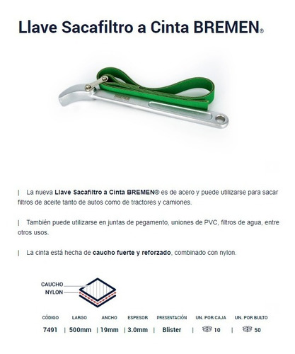 Llave Saca Filtro Aceite A Cinta Bremen Camion Tractor 7491
