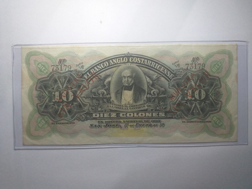 Billete Banco Anglo Costa Rica 10, Letras Rojas Año 1900.