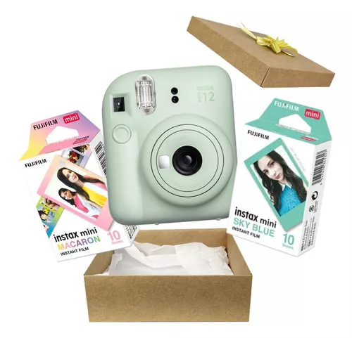 Camera Instax Mini Com Filme Macaron + Filme Azul Kit Fuji Cor Mini 12  verde