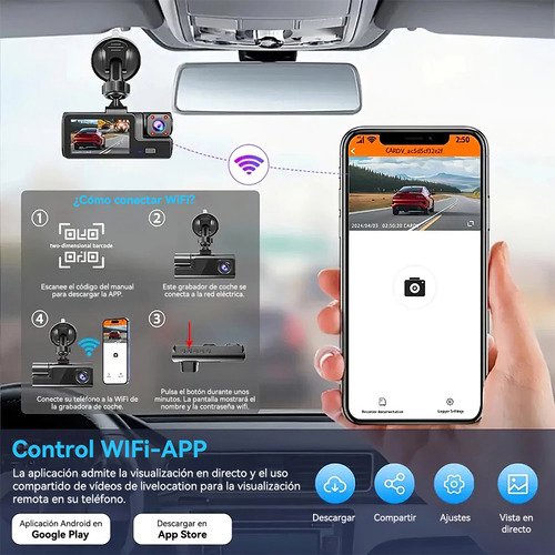 Grabadora De Coche Teléfonos Wifi Hd 1080p 3 Pantalla Cámara Monitoreo 360° En Alta Definición Conectividad Inteligente Vía Wi-fi