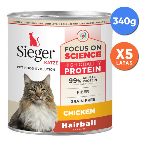 Alimento Humedo Gatos Adulto Sieger Lata Pollo 340g X5