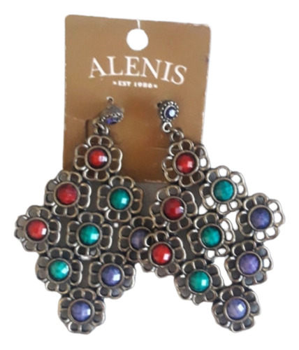 Aros Colgantes Fantasía Alenis Metal Con Piedras De Colores