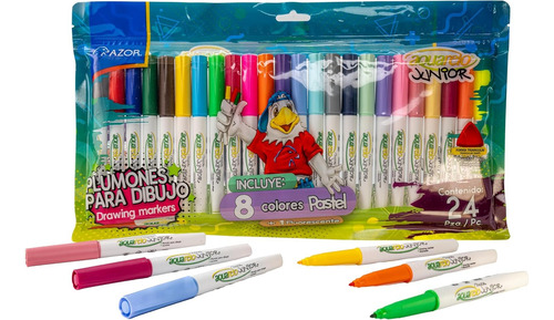 24 Plumones Colores Lavables Dibujo Aquarelo Junior Azor