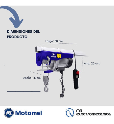 Malacate Aparejo Eléctrico Motomel 500 Kg 220v Monofásico - 12 Metros - Ideal Taller - Mae200 F