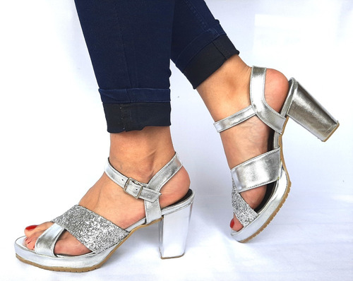 Sam123 Sandalias Taco Vestir Cuero Talles Grandes 175 Plata